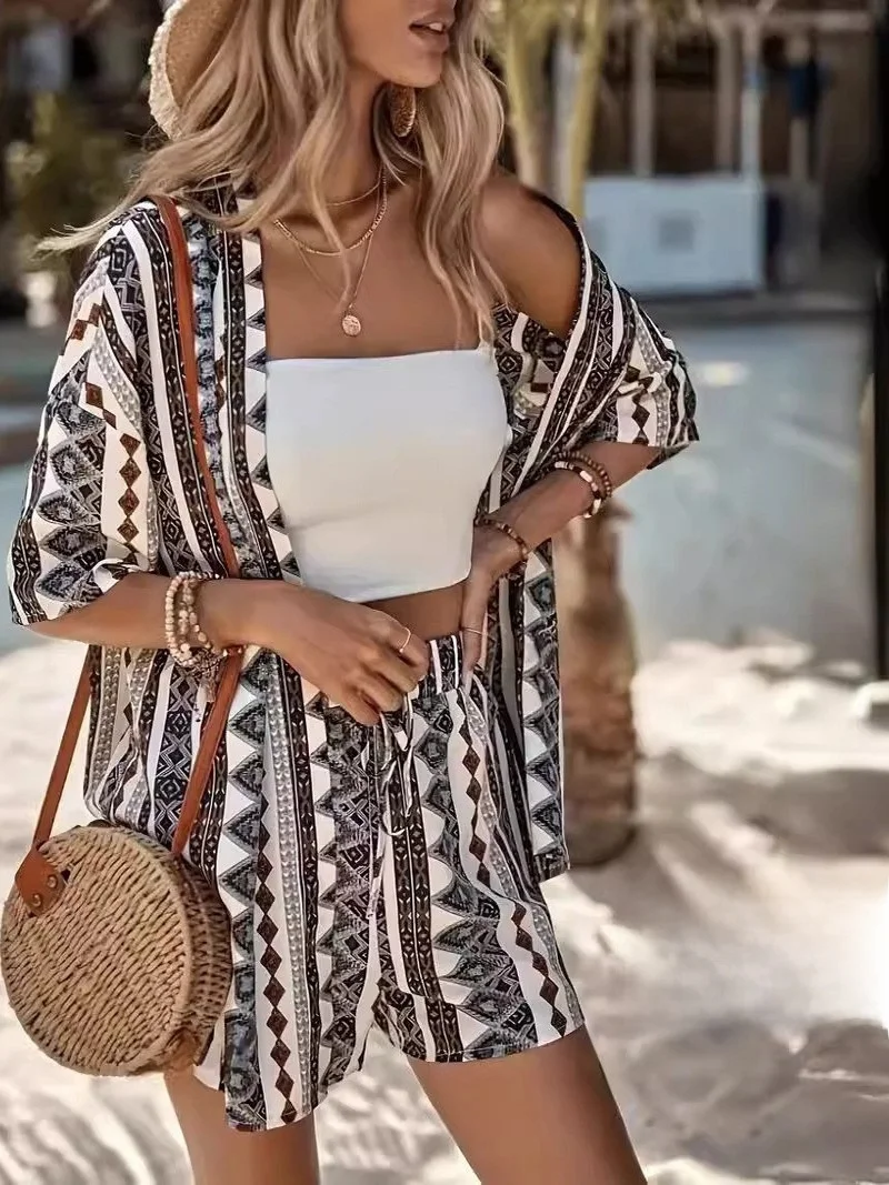 

Loose Printed ort Sve orts Set Beachwear Casual Sportswear Women's Faion Summer Collection Polyester Material