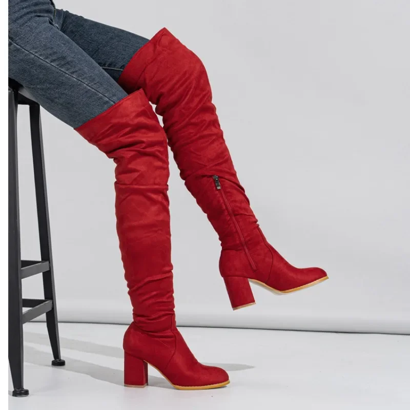 2024 Winter New Pointed Over-the-knee Boots Sexy Zipper Suede Street Mesh Modern Heels Women\'s Boots Outdoor Pleated Long Boots