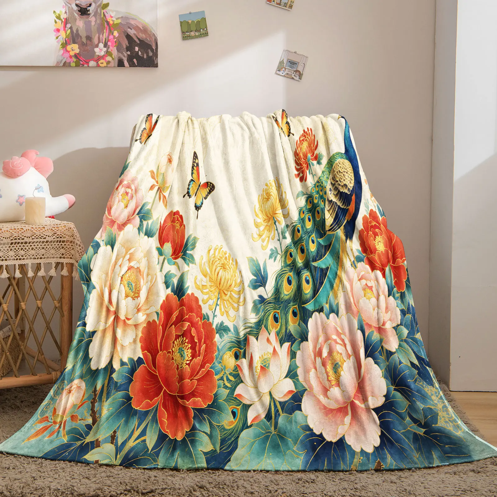Oriental Peacock Peony Lotus Floral Fleece Throw Blanket Soft Microfiber Plush Flannel Blanket for Sofa Car Bed Home Decoration