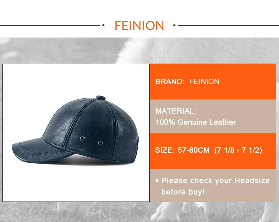FEINION Unisex-Baseballkappe aus echtem Leder, 100 % Leder, für den Winter, strukturiert, flach, verstellbarer Rückengurt – Detail 3
