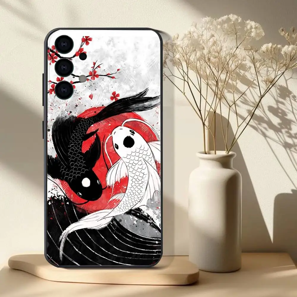 Koi Carp Fish Yin Yang Art Phone Case For Samsung S 25,24,23,22,30,21,10,9,Ultra,Plus,Lite,FE,4,5G Black Soft Case