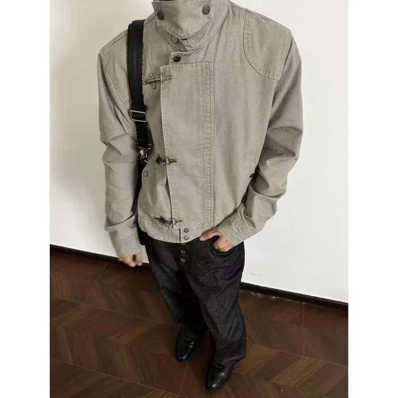 سترة Harajuku للرجال بياقة مقلوبة، معطف عمل قصير أمريكي عتيق، ملابس خريفية غير رسمية فضفاضة، ملابس خارجية عصرية #4