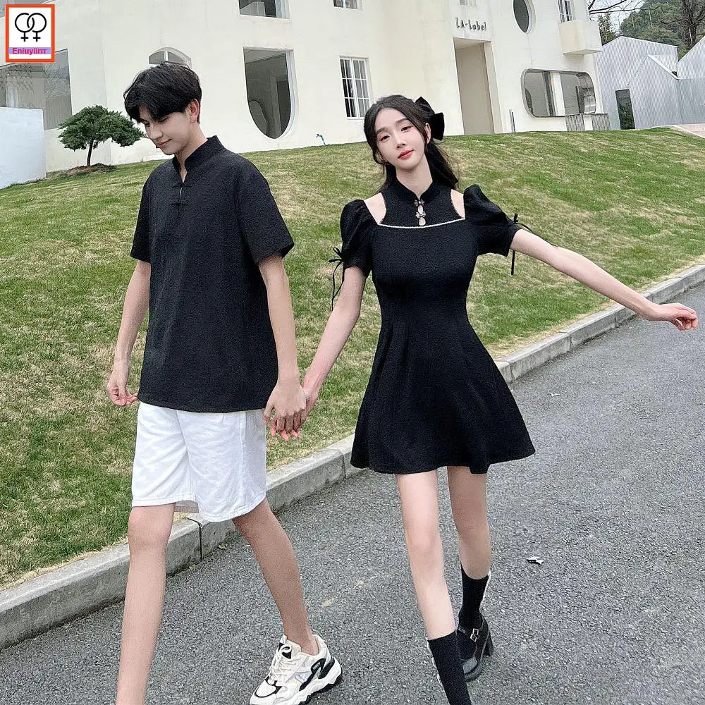 Matching Couple Clothes 2023 Holiday Honeymoon Summer Outfits Date Girls Boyfriend Female Male Lovers Retro Couple Shirt Dress