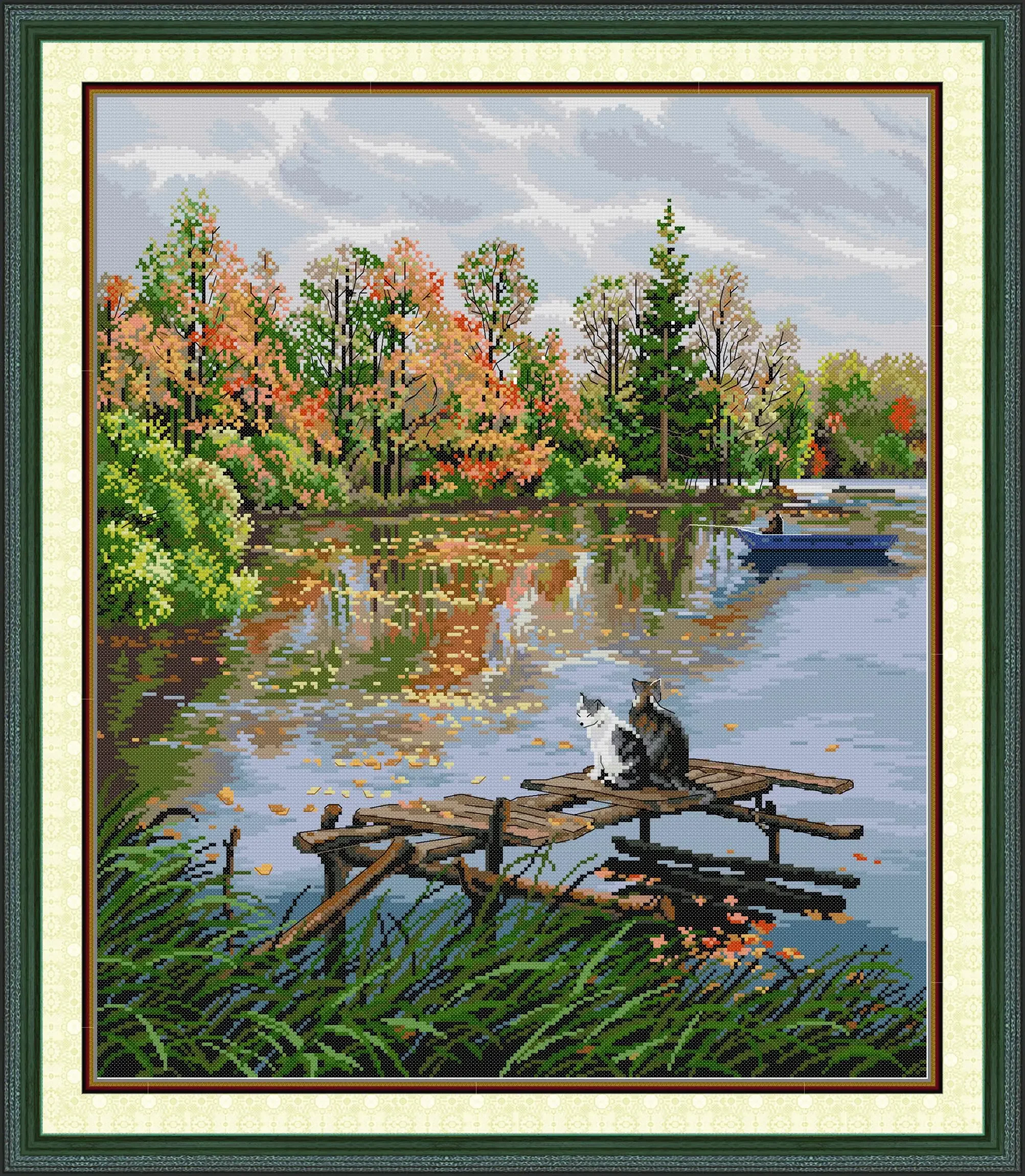 Joy Sunday Pre-printed Cross Stitch Kit  Easy Pattern Aida  Stamped Fabric Embroidery Set-There Are Two Kittens By The River.