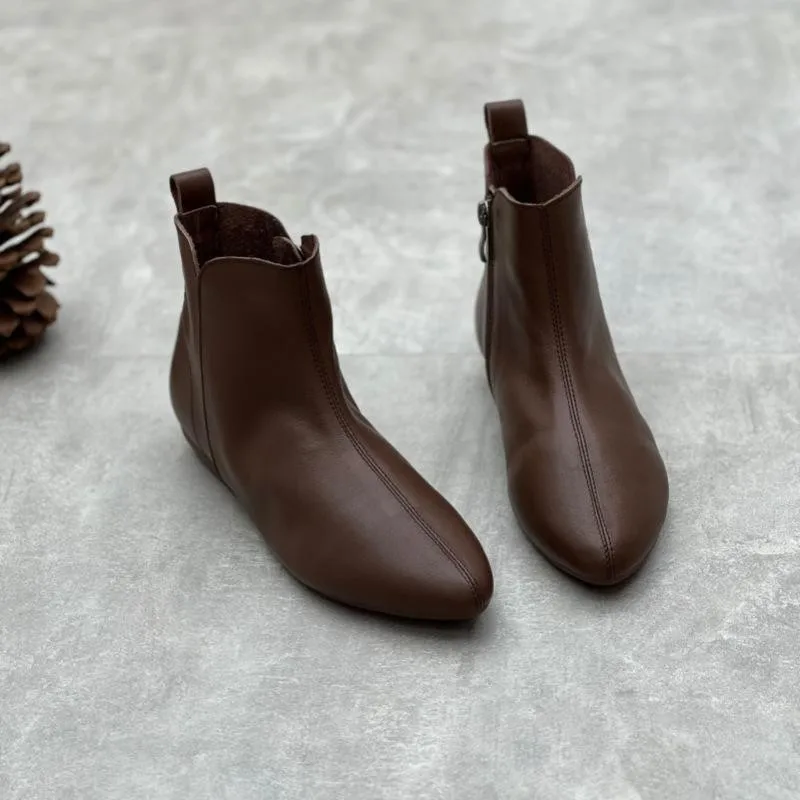 Botas curtas de couro genuíno para mulheres, sapatos retrô feitos à mão, sola macia, zíper traseiro, casual, novo, outono, inverno, 2022