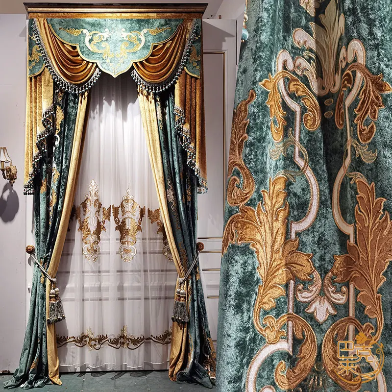 

flannelette embroidered American velvet blue cloth curtain valance drape C1373