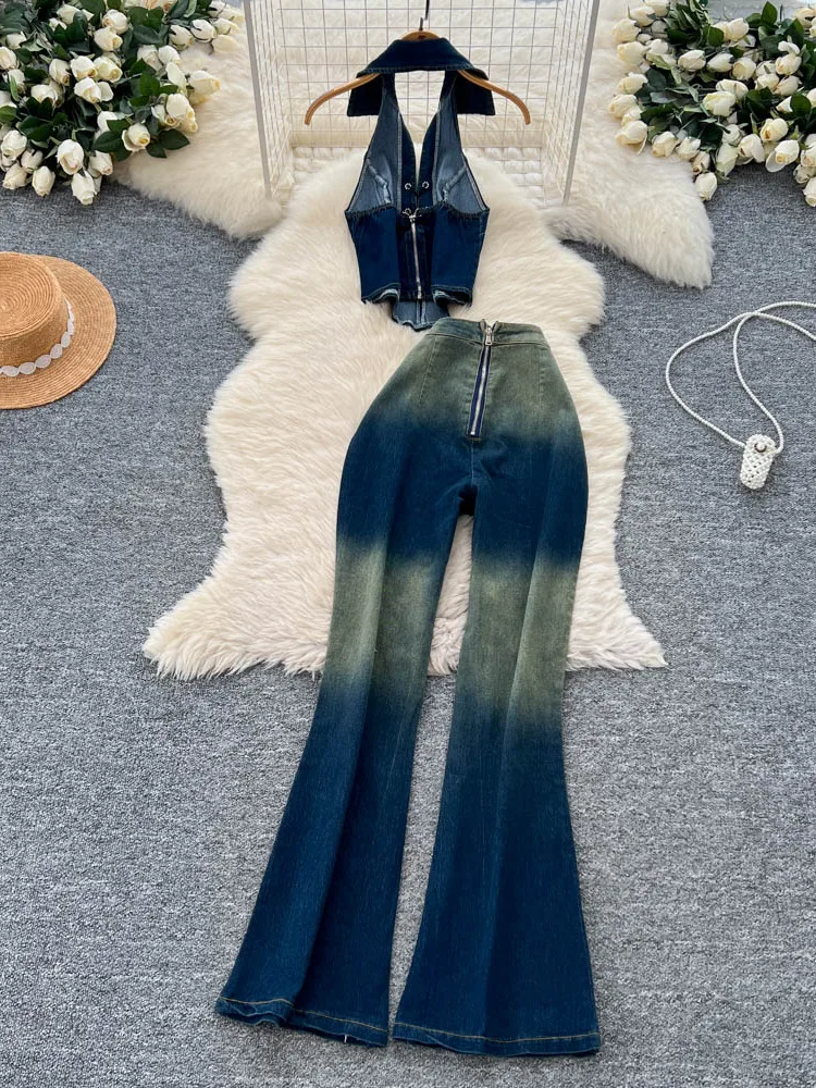 

Retro Cool Hot Ne Hanging Svel Vest High Waist Tight Slimming Jeans adient Color Tie Denim Set Women Summer
