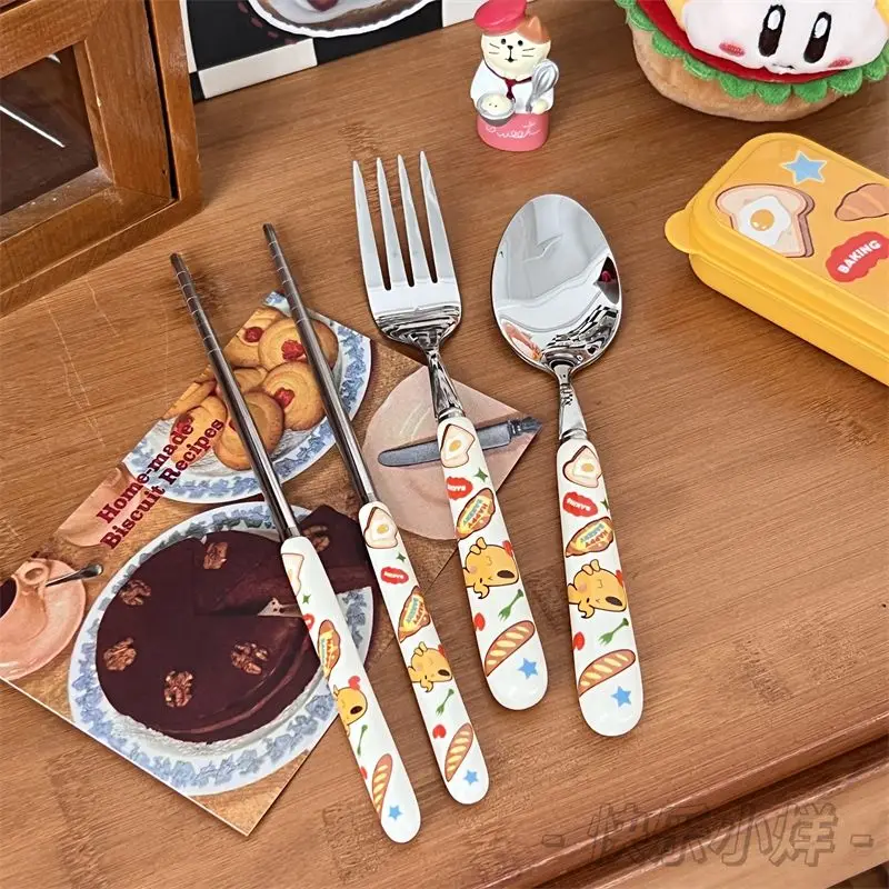 Anpanman Set di stoviglie in acciaio inossidabile Cartoon Kawaii Forks cucchiai Cute Student Portable stoviglie Storage Box regalo per bambini