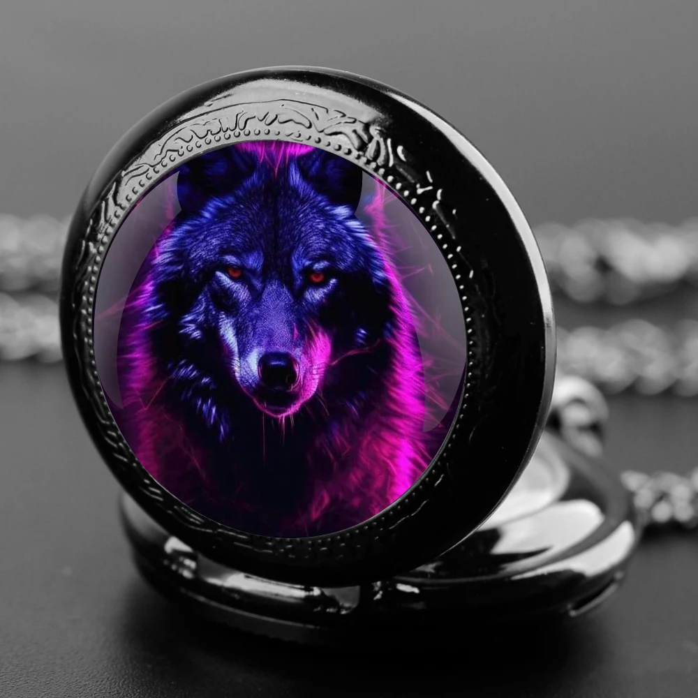 Wolf Design Glass Dome Fashion Arabic Numerals Quartz Pocket Watch Necklace Pendant Chain Mens Women Gifts