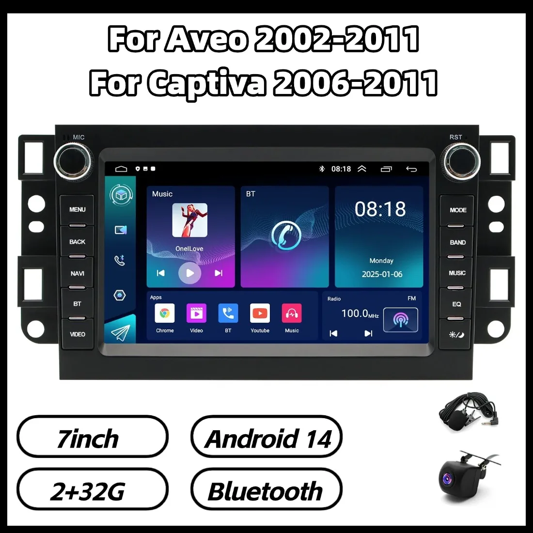 

7-дюймовая автомагнитола на Android 14 (2+32 ГБ) для Aveo 2002-2011, Captiva 2006-201, с поддержкой CarPlay, Android Auto, Bluetooth и Wi-Fi