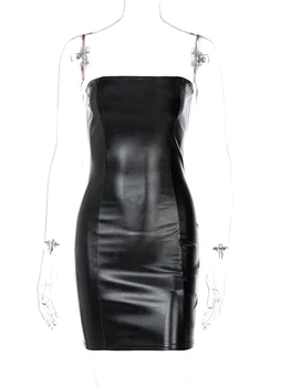 Hugcitar Pu Faux Leather Tube Mini Dress For Women Bodycon Sexy Streetwear Party Club Y2K Clothing Outfits Festival 6