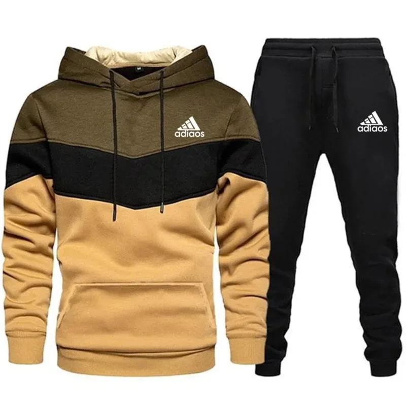 Autumn Winter Men V Chevron Color Block 2Pcs Tracksuit Hooded Sweatshirt Elastic Cuff Jogger Pants Casual Gym Running Streetwear