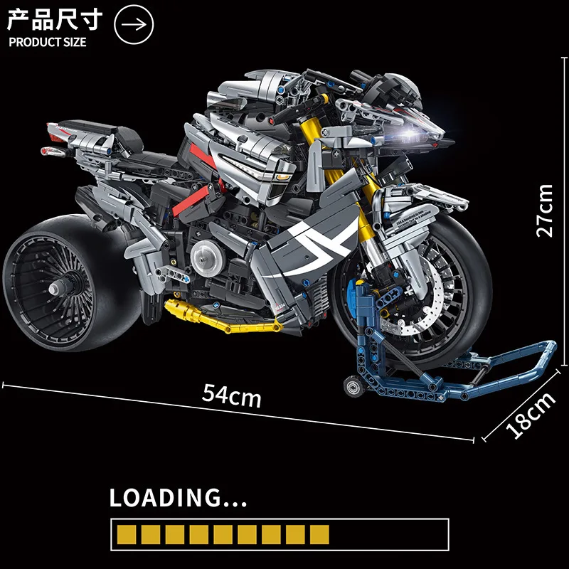 672106 1:5 Modified Street Motorcycle Building Blocks Model, Technical Bricks with LED Lights, DIY Assembly Collectible Toy