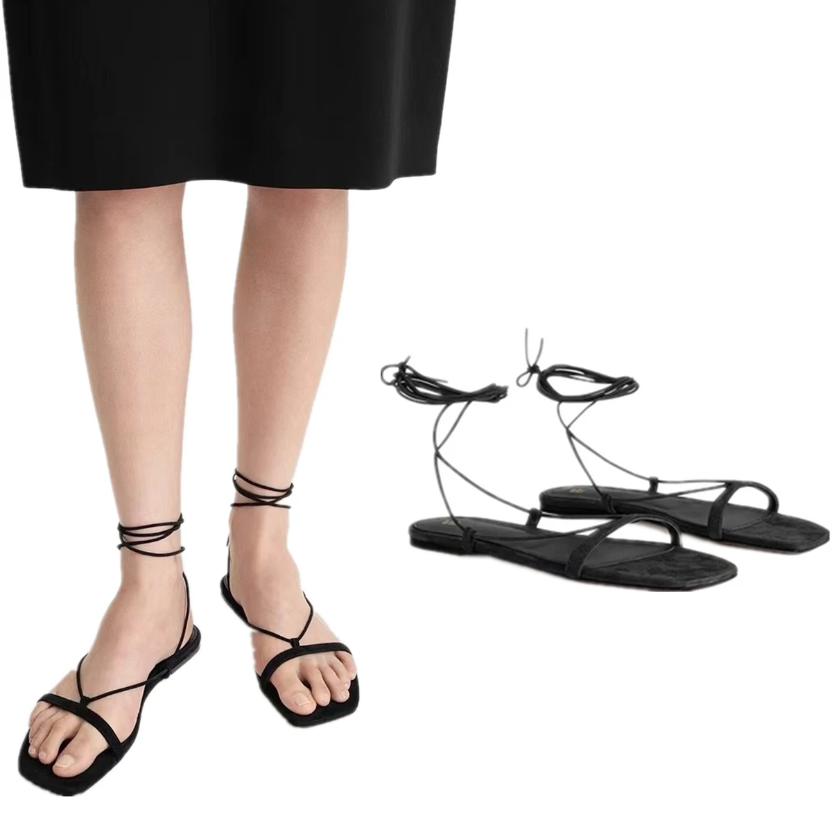 

Jenny&Dave Summer Sandals Shoes Fahsion Ladies Sheepskin Deer Skin Cross Lace Sandals Women Minimalist Women's Flat Shoes