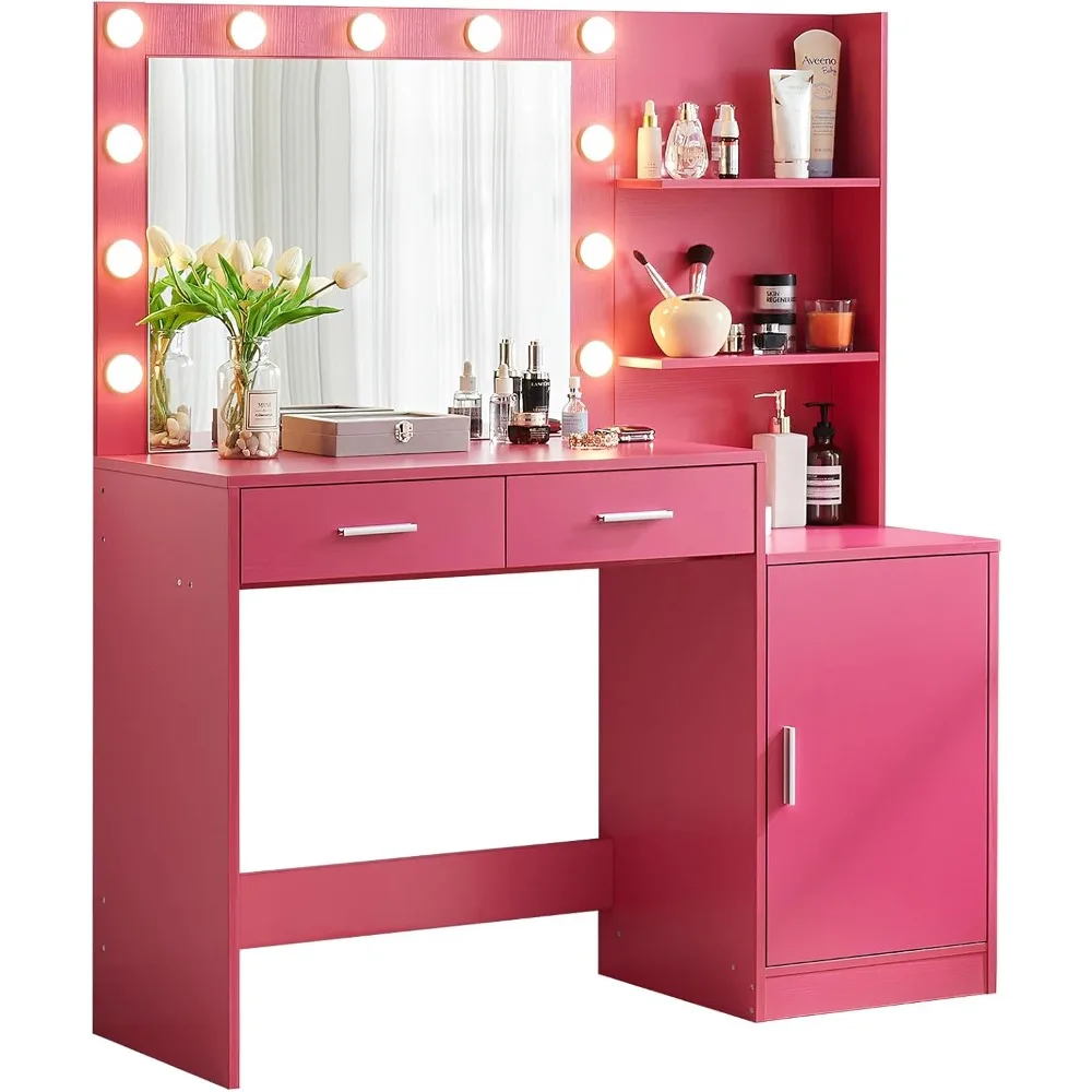 

Vanity Desk with Mirror and Lights, 46.4 inches Bedroom Makeup Vanity with 2 Large Drawers, Vertical Organizer, 3-Level Dresser