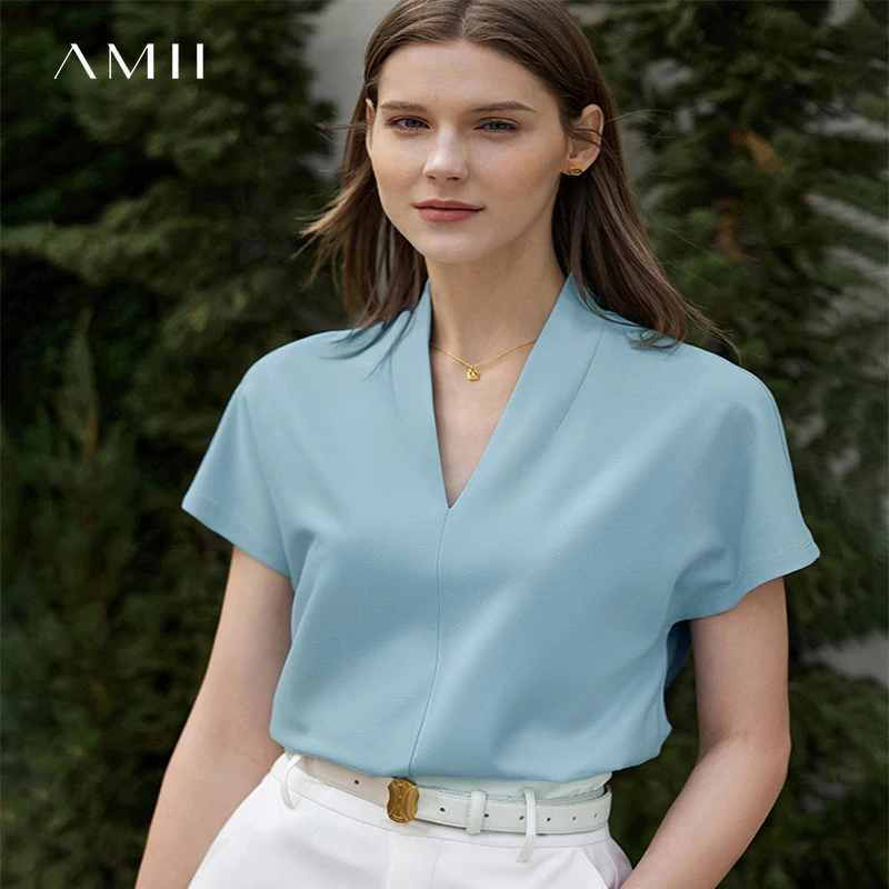 

Amii Minimalist Women's Tee 2026 Summer New Solid Color Stretch Short Sleeve T-Shirt Multicolor V-Neck Top For Women 12612011