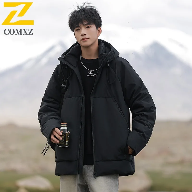 COMXZ Men's Cotton Padded Jacket New Trendy Loose Solid Color Hooded Travel Padding Coat Snowy Comfortable Outdoor Padded Jacket