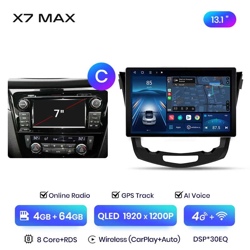 Junsun 13,1 inch QLED Android draadloze CarPlay autoradio voor Nissan Qashqai 2 X-Trail 3 T32 2013-2017 Intelligente Systemen