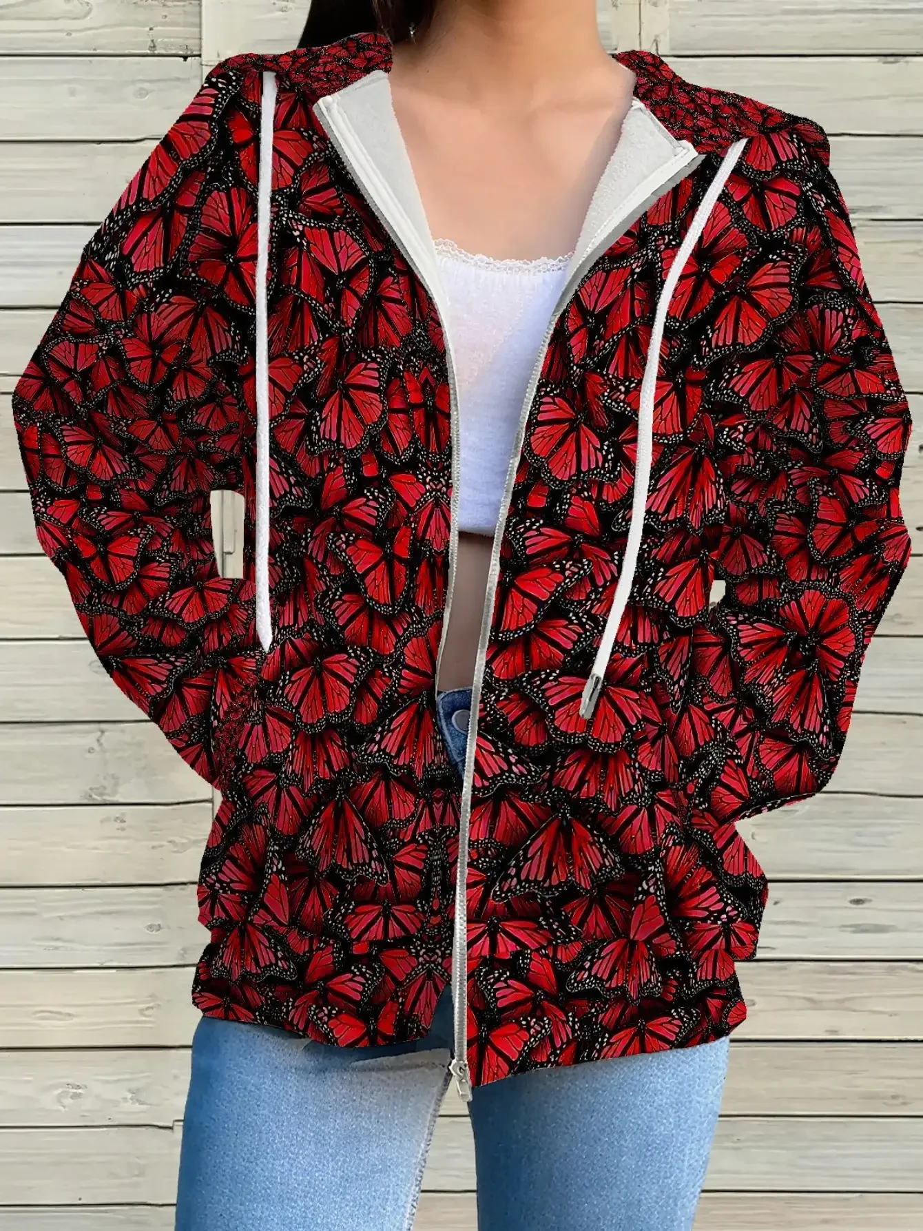 

New Women's 3D Printed Zipper Hoodie - Retro H-Line Full Zipper Hoodie with Pocket, Red butterfly pattern Jacket.