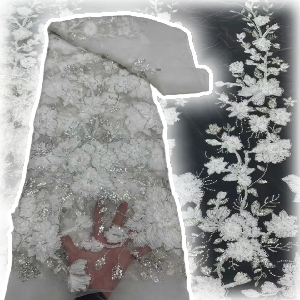 

2025 Высокое качество, африканская мода, французский 3D цветок, блестки, кружевная ткань, вышивка бисером, кружевная ткань, женское платье, шитье AH1688