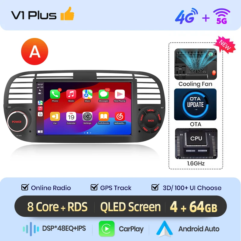 AWESAFE Draadloze CarPlay Autoradio voor FIAT 500 500C Abarth 2007-2015 met Android Auto GPS Navigatie Smart Systeem RDS DSP FM
