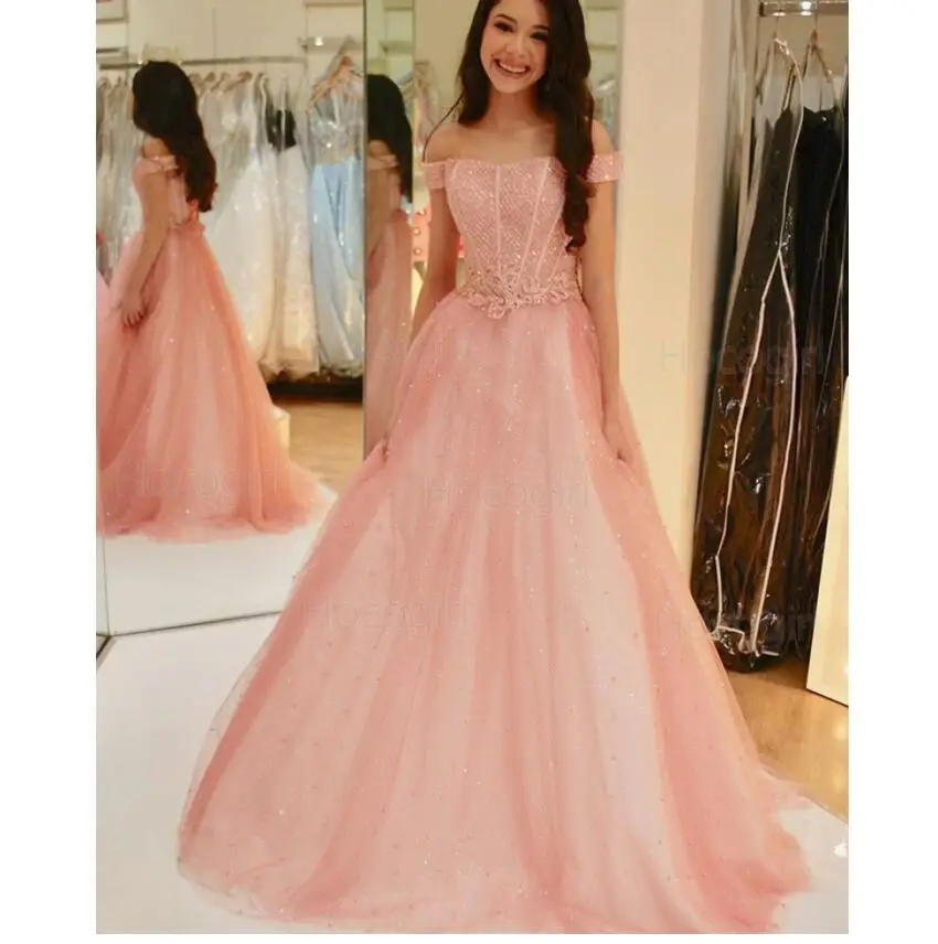 Coral Candy Prom Dresses 2022 Sweet Shinny Formal Prom Party Gowns Off The Shoulder Zip Back Tulle 16 17 Graduation