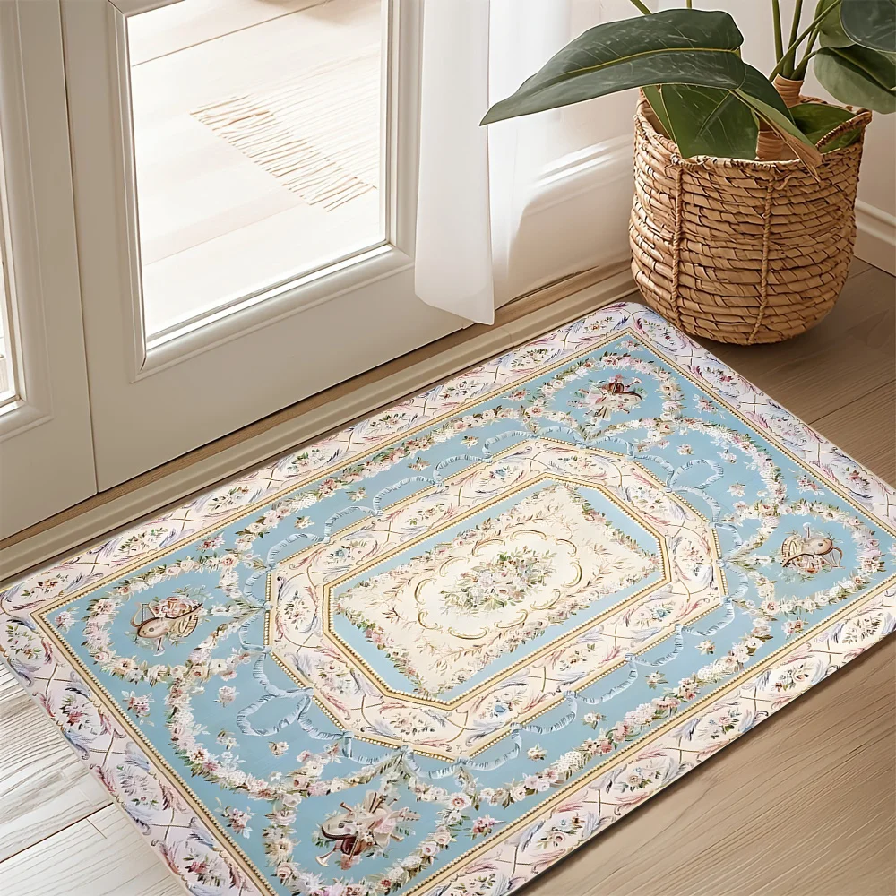 Elegant Blue Floral Pattern Doormat Welcome Mat Indoor Entryway Rug Polyester Cottage Style Decor Home Entrance Mat