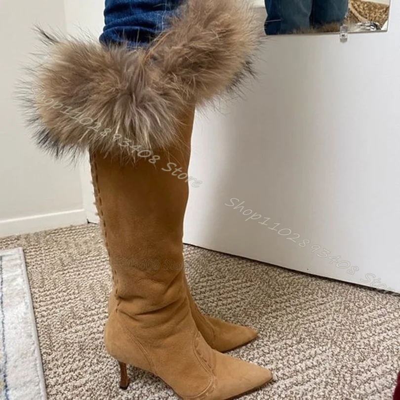 Brown Flock Winter Stiletto Boots Fur Decor Pointed Toe Thin High Heels Shoes New Stylish Party Warm Boots Zapatos Para Mujere