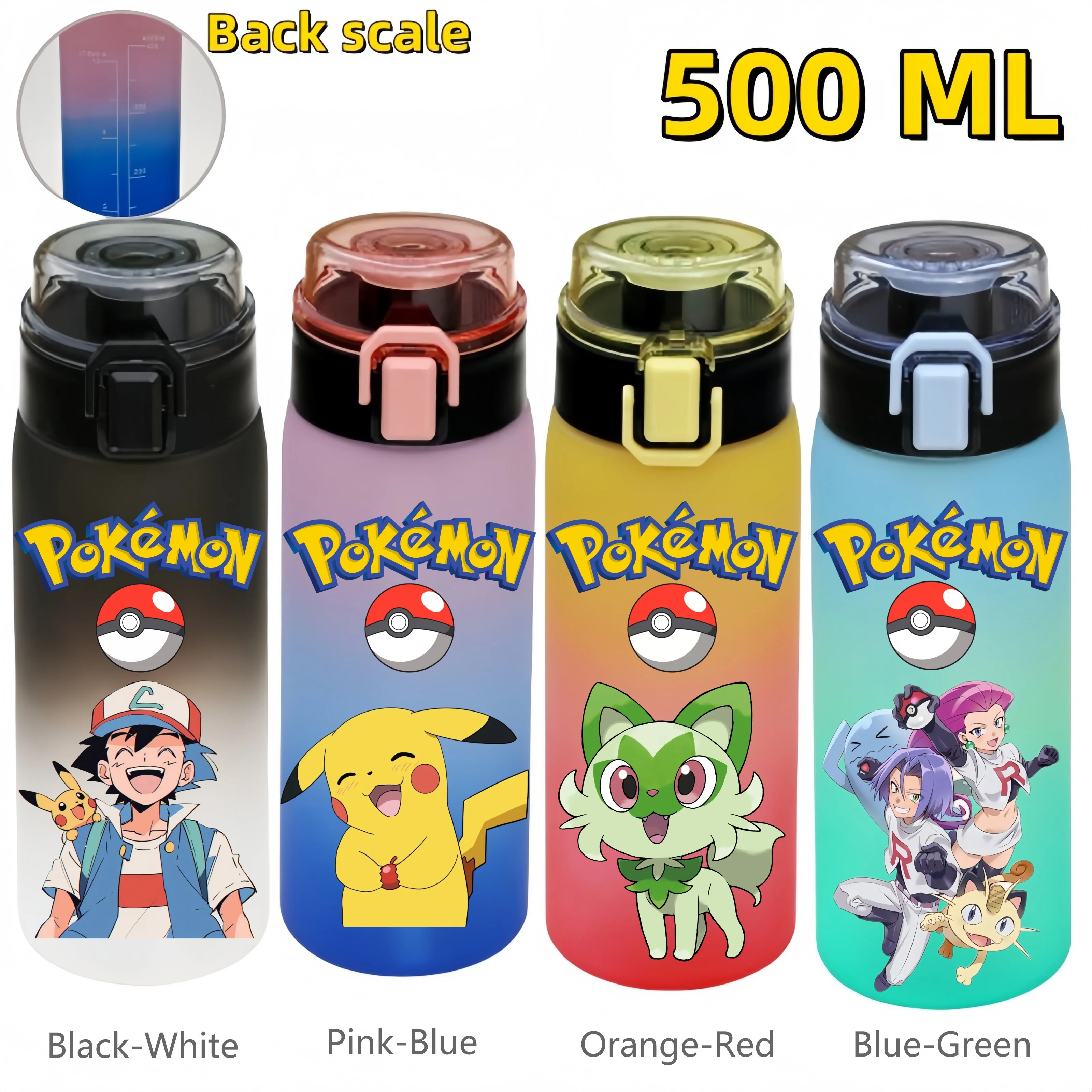 

500ML Pokemon Sports Water Bottle Leak Proof Plastic Cup Gradient Colour with Water Level Line Portable Outdoor Sports Fitness