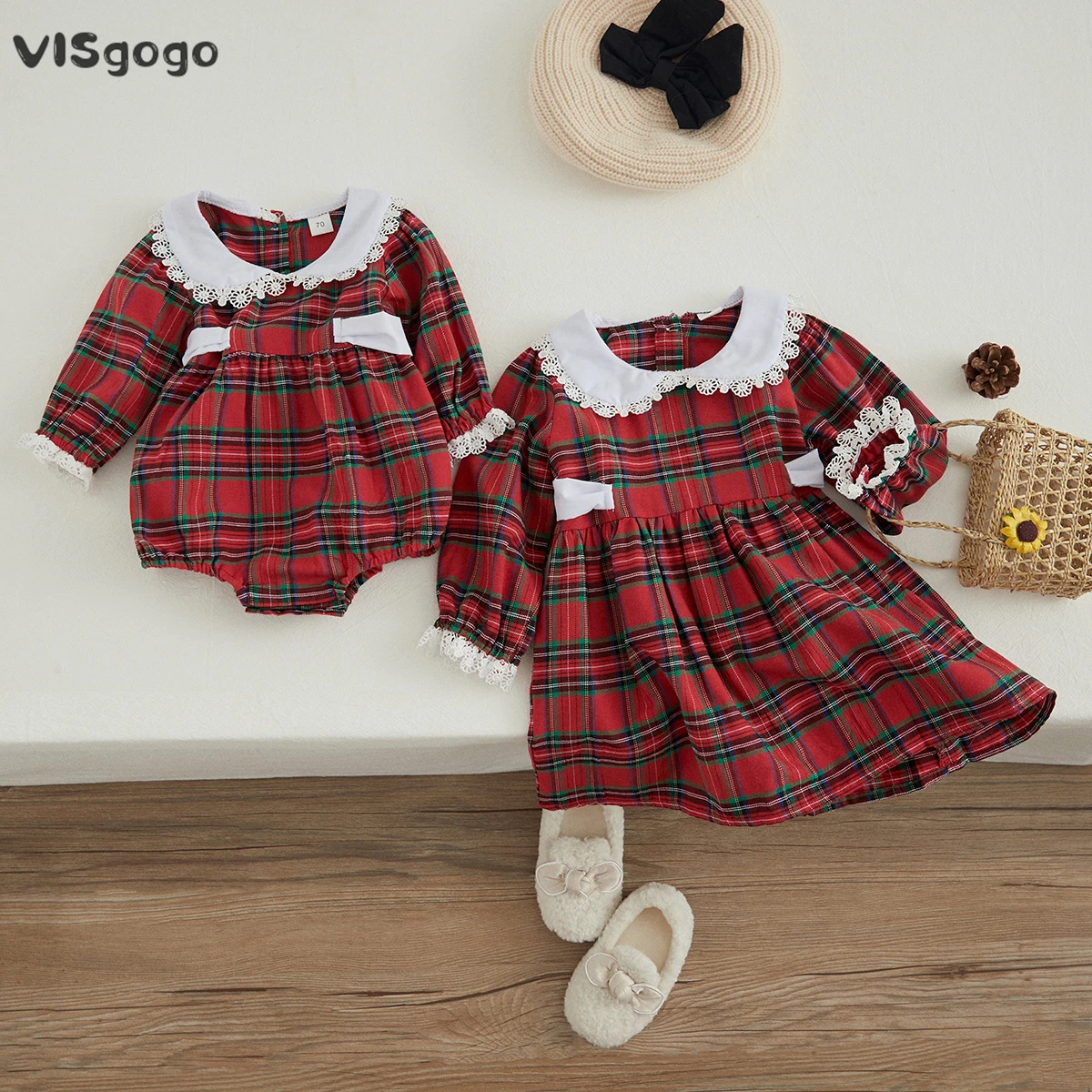 VISgogo Toddler Baby Girl Plaid Christmas Dress Romper Ruffle Red Plaid Princess Dress Xmas Clothes Party Dress Fall Outfits