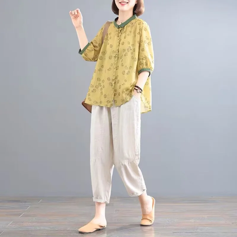 

2023 Spring Autumn Fashion Cotton Linen Suit Female Mother Middle-aged Floral Shirt Age-reducing Harun Pants Two-piece Set Tide