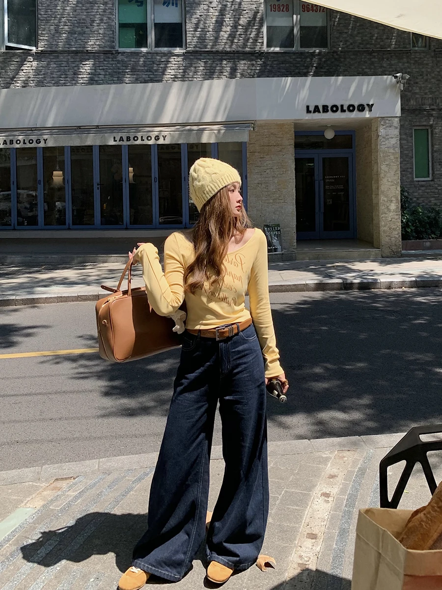 

Herwear High Waist Straight Leg Original Color Silk Cotton Jeans Women's Heavy Du Feel Slimming Long Pants for plus Size