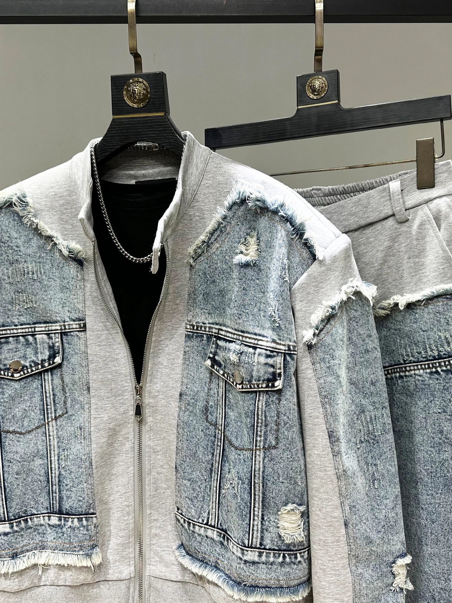 Fashion Casual Men's Denim Patchwork Jacket Set Loose Zipper Jackets Coat High Waist Wide Leg Pants Two-Piece Set Mens Autumn