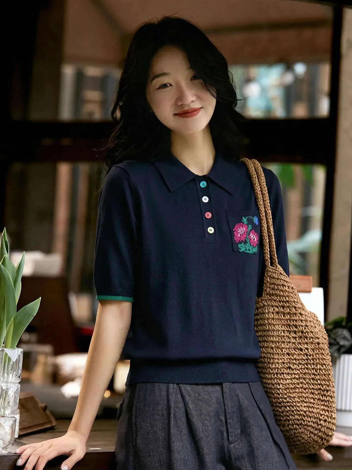 

Chivirin Neck Knitted T-Shirt Women's Fashion Slim Fit Short Sleeve Versatile Summer New Style Casual Leisure Top