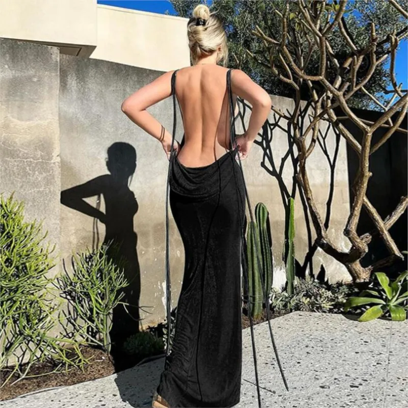 Sexy Swing Spaghetti Strap Backless Maxi Dress Women Summer 2024 Drawstrings Sleeveless Club Party Prom Dresses Elegant Female