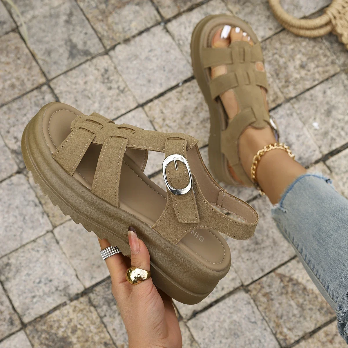

Summer 2025 Women Sandals Trendy Flats Shoes WomenKorean Style Big Size Platform Sandals Thick Bottom Fish Mouth Roman Shoes