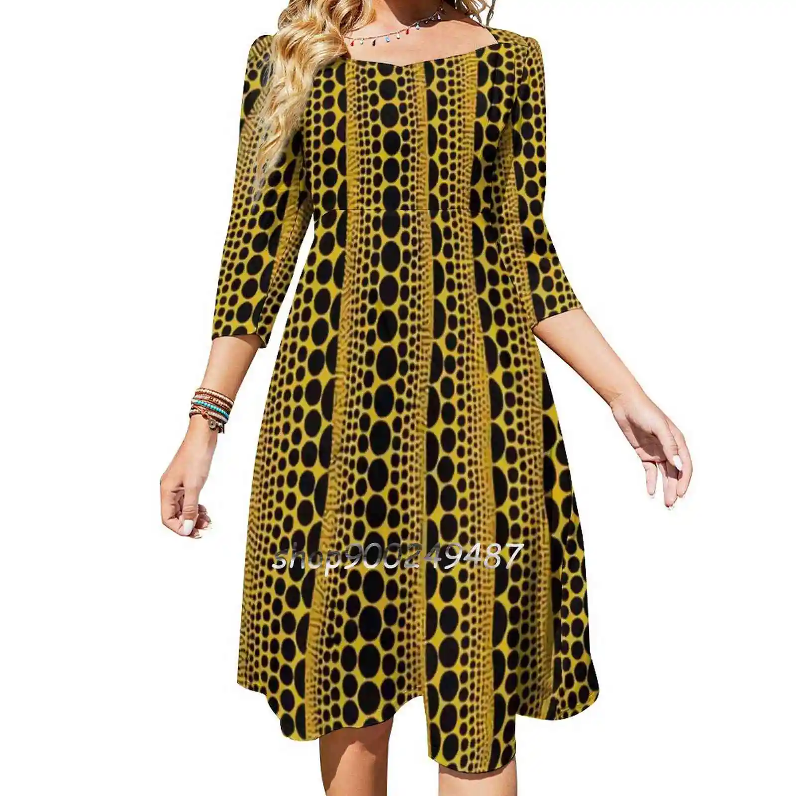 

Pumpkin Large Kusama Idea Flare Dress Square Neck Dress Elegant Female Fashion Printed Dress Cool Aesthetic Limited Edition