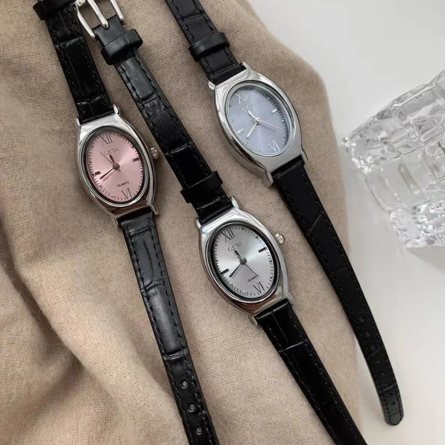 Women Quartz Watch Luxury Oval Tonneau Shaped Clock Vintage Black Brown Leather Strap Fashion Orologio Reloj Ladies Wristwatch