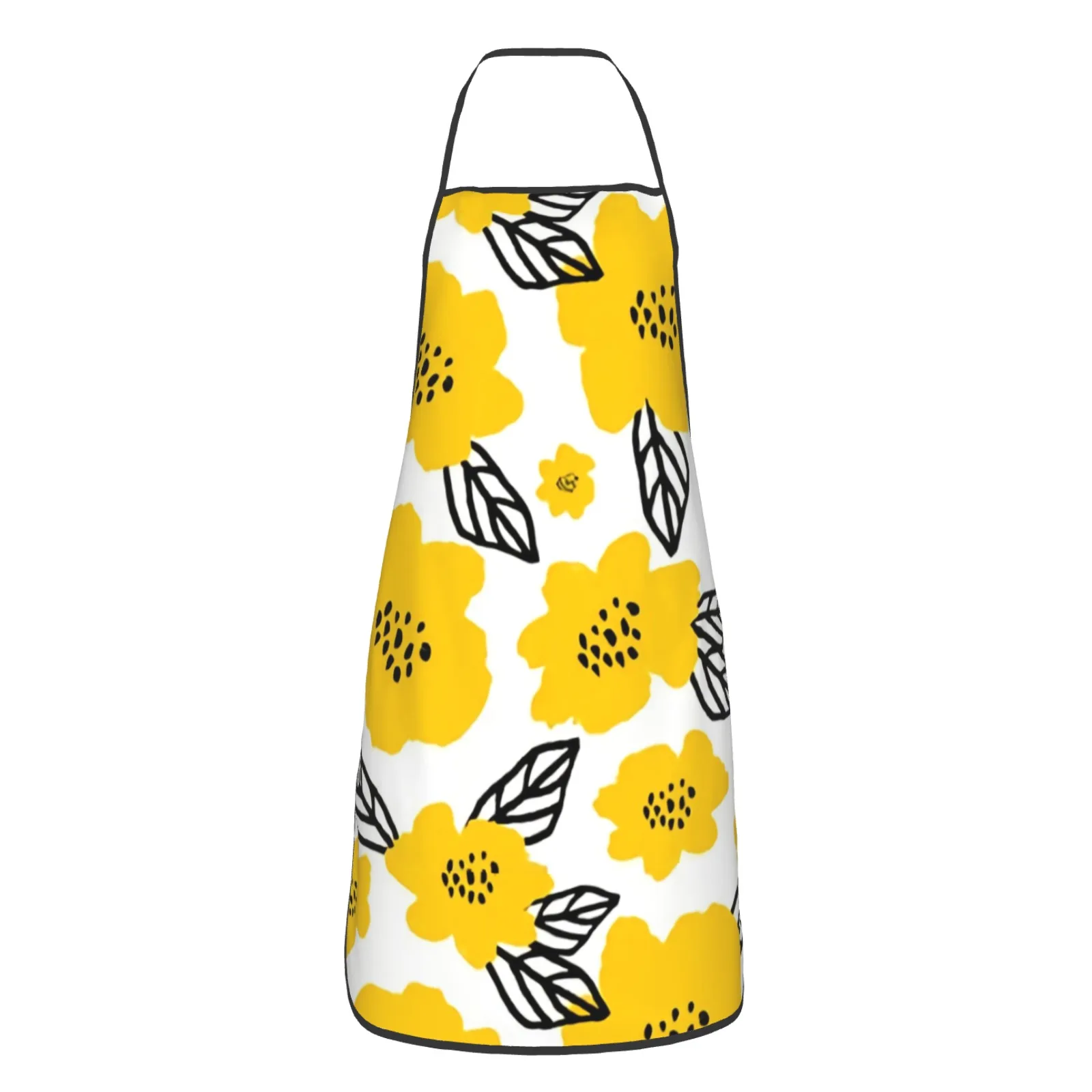 Summer Yellow Flower Polyester locking hem Apron Home Cooking Baking Kitchen White Leaves Apron