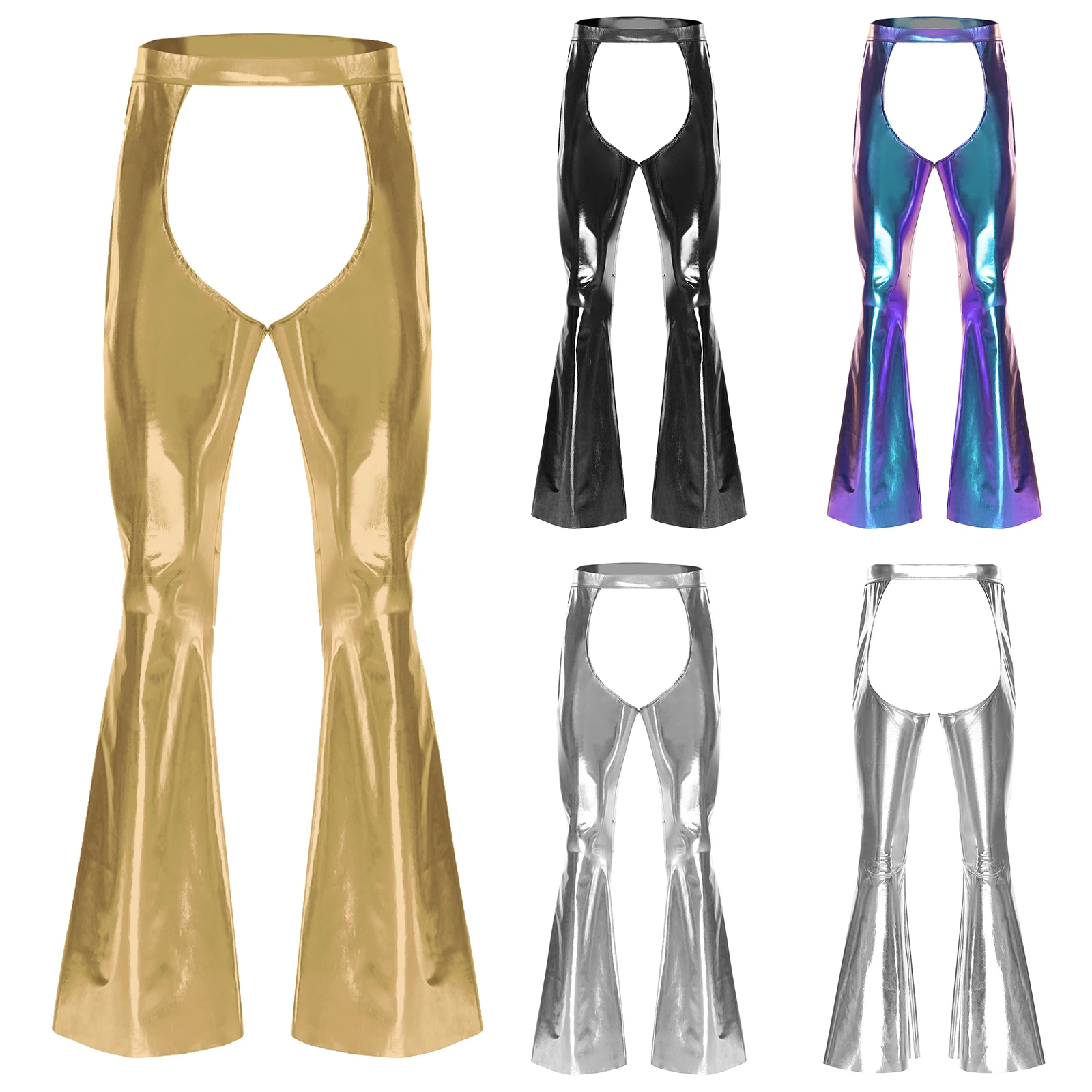 الرجال تأثيري ملحق فصول معدنية متوهج السراويل المعدنية أنيق Crotchless بنطلون للنادي حفلة مرحلة الأداء السراويل #5