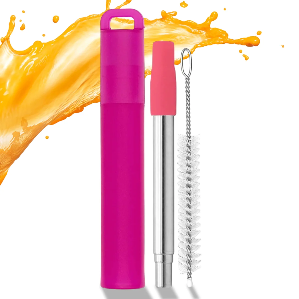 Pajitas reutilizables, pajitas portátiles plegables de acero inoxidable con estuche, punta de silicona y cepillo de limpieza, para viajes y acampadas