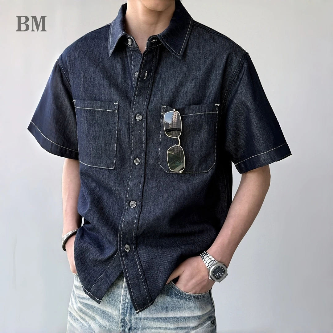 Summer Cooling Lyocell Acetate Denim Work Shirt Mens Short Sleeve Topstitched Trendy Casual Premium Streetwear Blue Tops Male