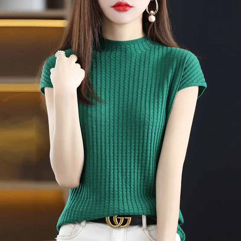 Vintage Half High Collar Women Short Sleeve Knitted T-shirt Spring Summer Versatile Pullover Bottoming Korean Fashion Casual Top