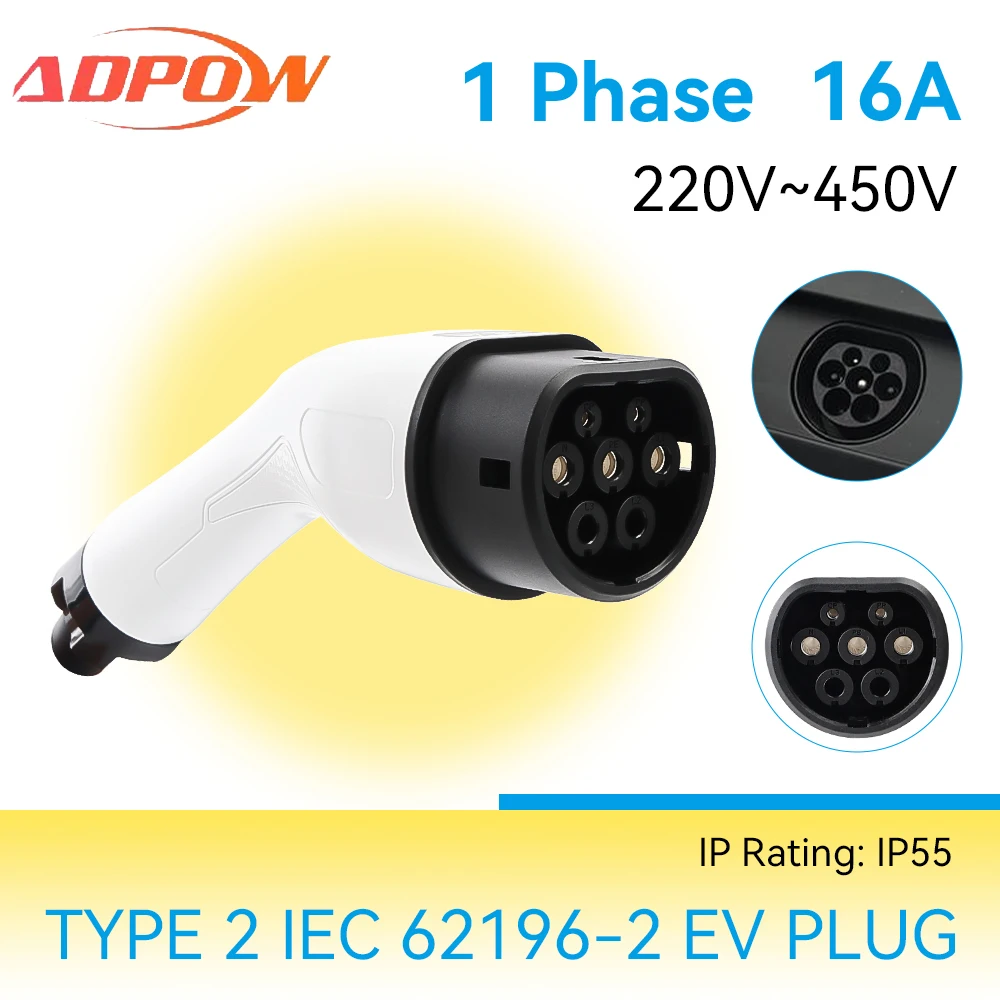 

ADPOW 16A Type2 EV Charger Plug 1Phase 3.5KW IEC 62196 Socket Electric Car Charging Gun Head Copper Alloy Silver Plating IP55