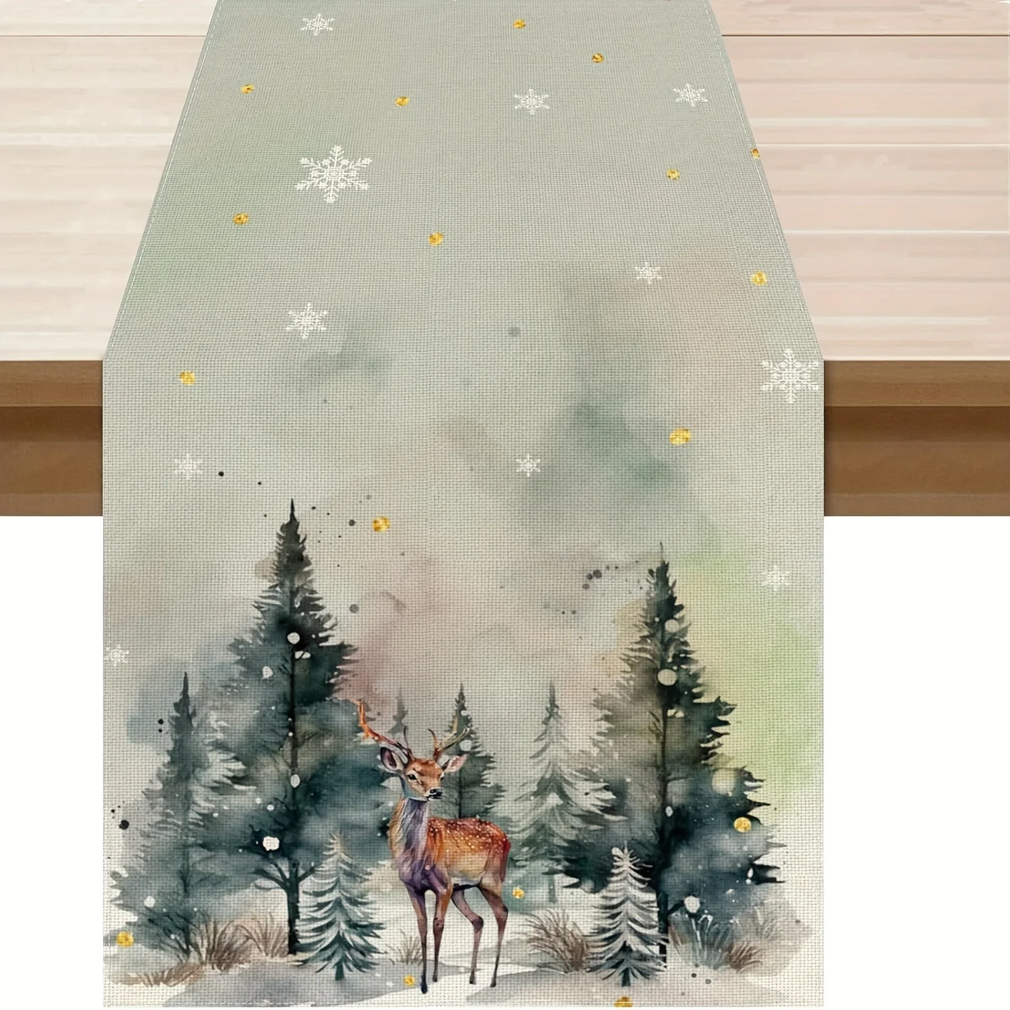 Linen Christmas Table Runner - Watercolor Deer And Pine Trees Design - Woven Rectangular Holiday Tabletop Decor For Dining & Hom