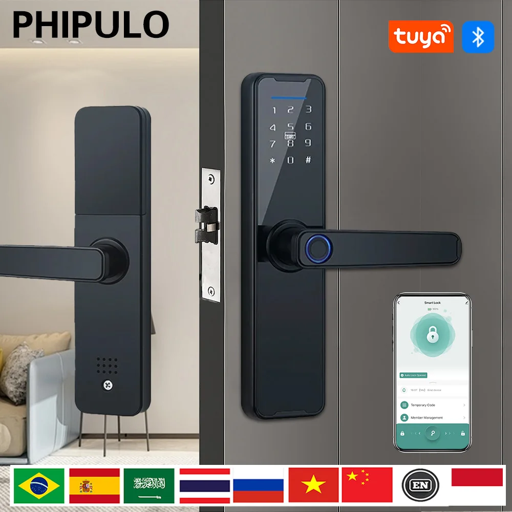 PHIPULO Tuya 전자 스마트 문짝 잠금 장치, 생체 지문, 스마트 카드, 암호, 키 잠금 해제, USB 비상 충전 