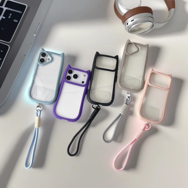 Coque de téléphone transparente avec oreilles de chat, dessin animé mignon, pour iPhone 17 Air 16e 13 12 mini 15 14 Pro Max, acrylique avec corde, housse antichoc