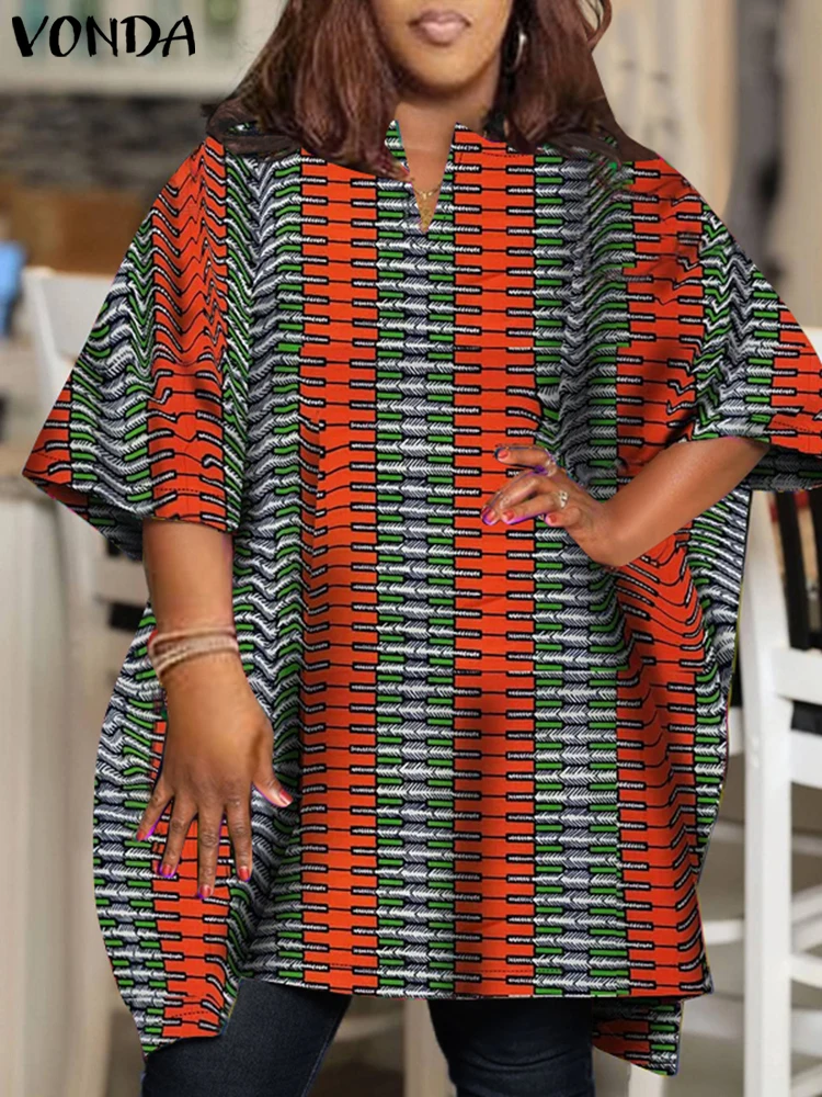 Plus Size 5XL VONDA Women Blouse 2025 Short Sleeve Printed Tops Female Blouses Vintage V-Neck Tunic Casual Loose Shirts Oversize
