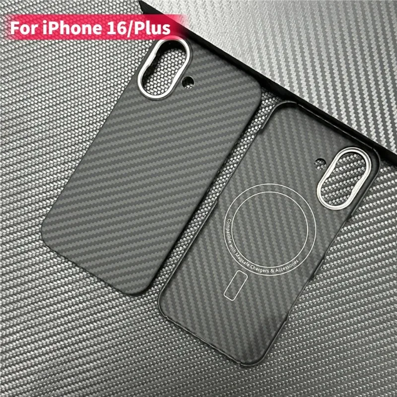 Real Aramid Fiber for iPhone 16 Plus Ultra-thin Magnetic Phone Case Metal Lens Protection for iPhone16 Carbon Fiber Hard Cover