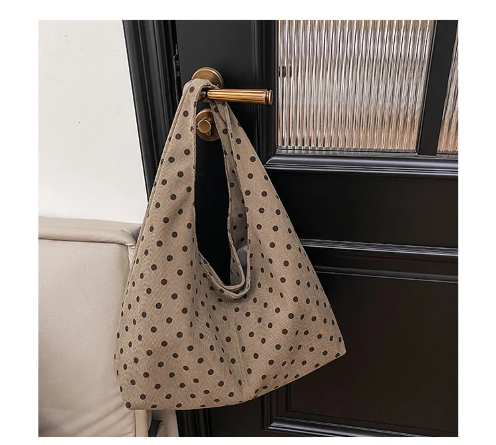 Neue Damenhandtasche mit Polka-Dot-Muster, lässige Umhängetasche aus Cord, große Tragetasche für den täglichen Pendelverkehr – Detail 15